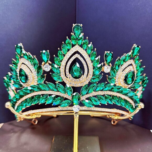 Quinceanera Crown, Green Rhinestone Crown, Large Size Crown, Gold Crystal Crown